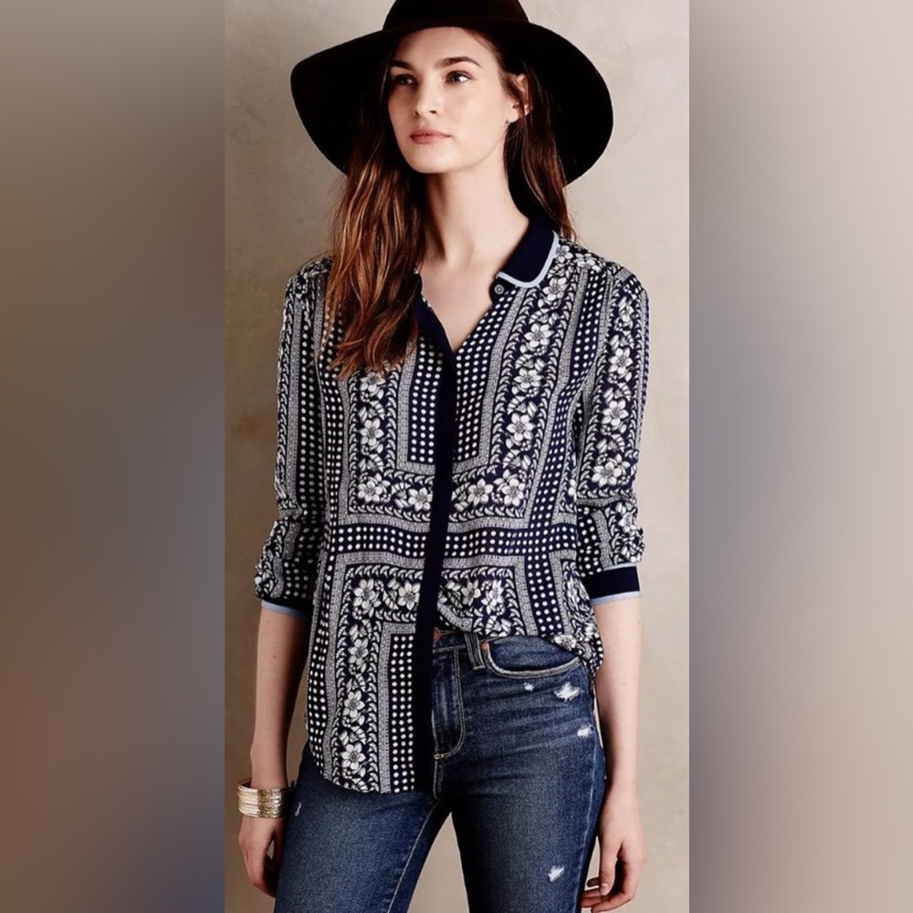 Maeve Floral Dot Mixed Print Blouse Size 2 Navy White Boho